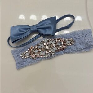 Elegant Blue Lace Wedding Garter with Crystal Embellishments and Men’s Bow Tie